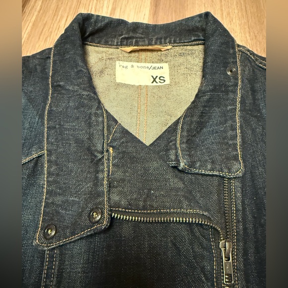Rag & Bone Zip Front Leather Sleeve Moto Dark Denim Jean Jacket - Picture 3 of 10